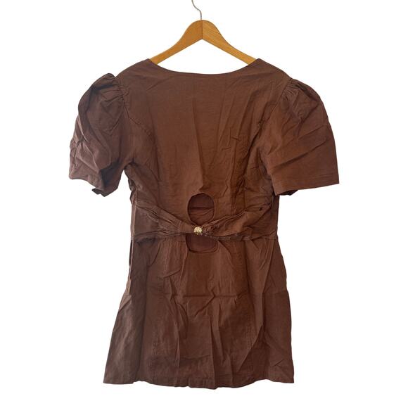 Anthropologie Maeve Puff Sleeve Brown Linen Back Cutout Mini Dress L - Picture 5 of 10